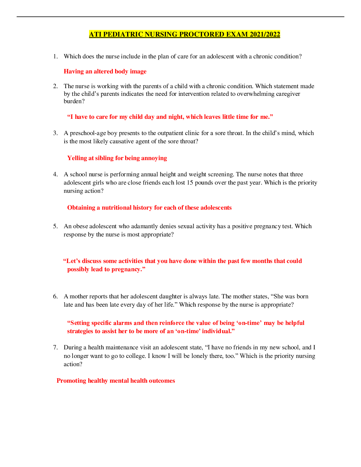 Preview image for ATI PEDIATRIC NURSING PROCTORED EXAM 2021/2022